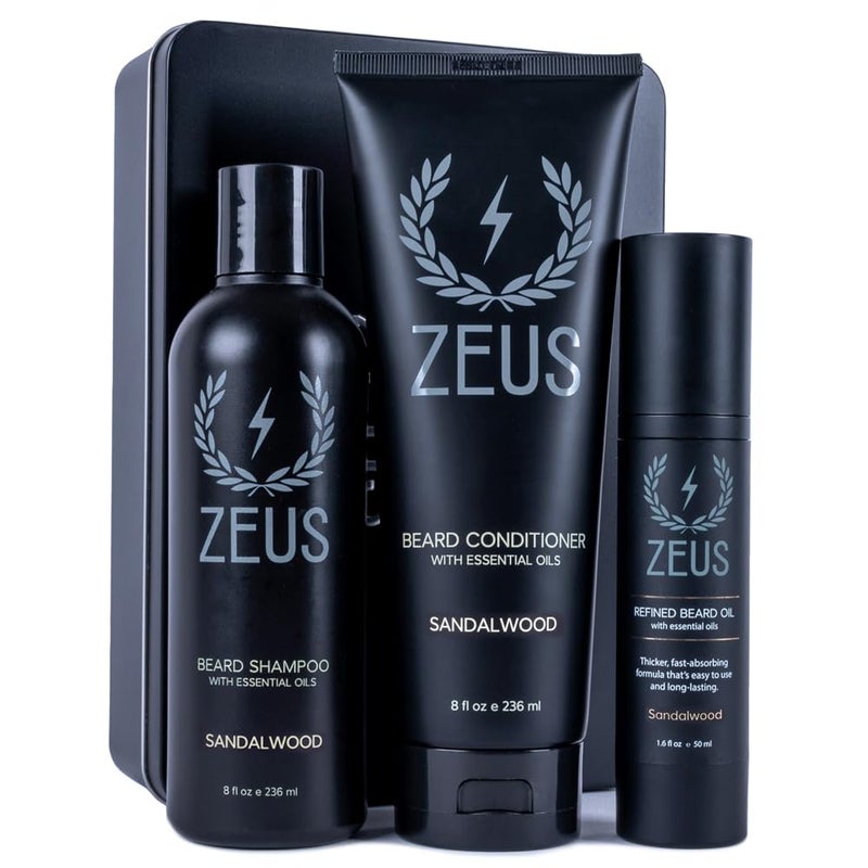 طقم العناية باللحية ZEUS للرجال - شامبو طبيعي، بلسم، زيت مكرر لتنعيم وترطيب وتقوية الشعر الكثيف للوجه - صنع في الولايات المتحدة الأمريكية - خشب الصندل